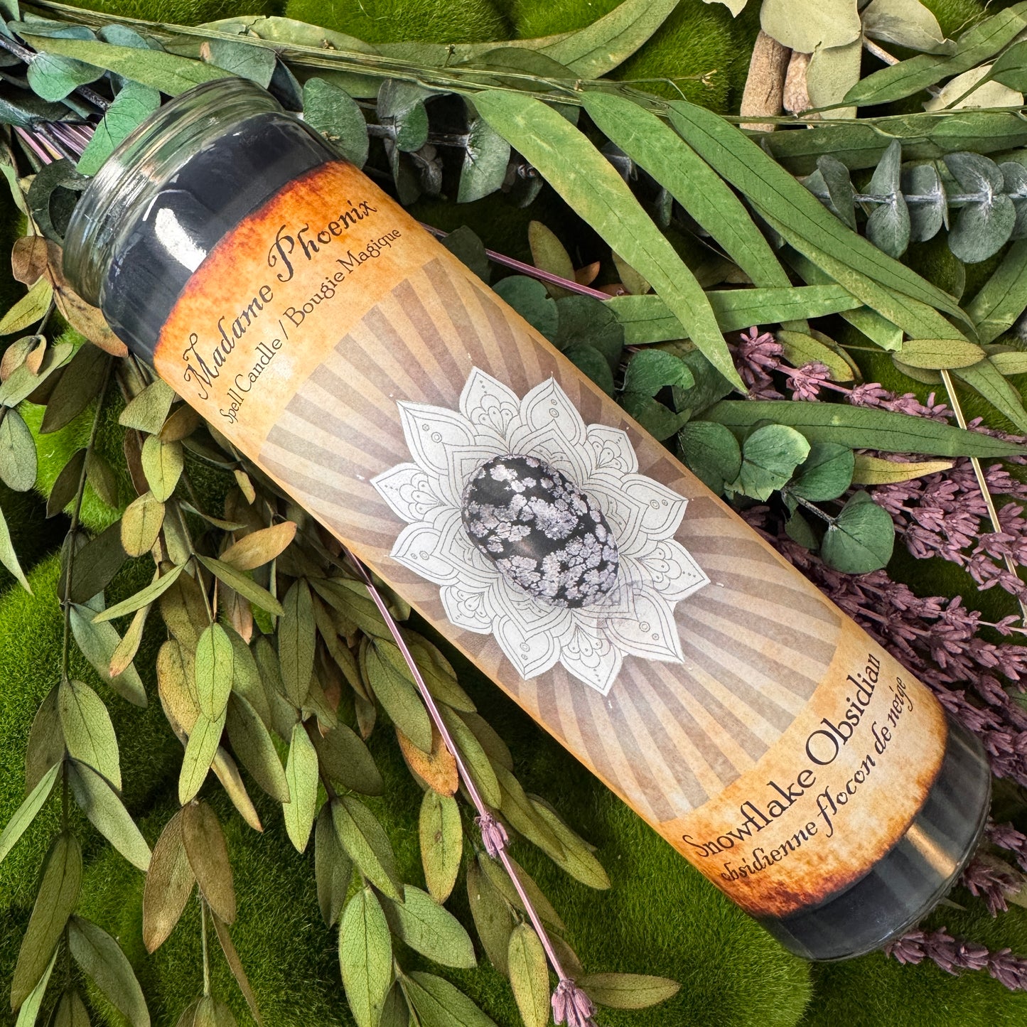 Bougie d'obsidienne de flocon de neige magique en cristal