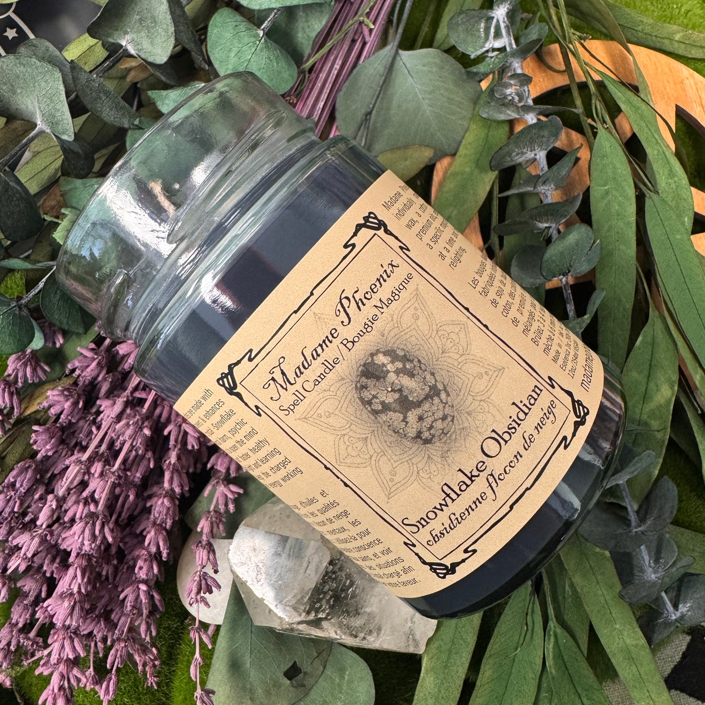 Bougie d'obsidienne de flocon de neige magique en cristal